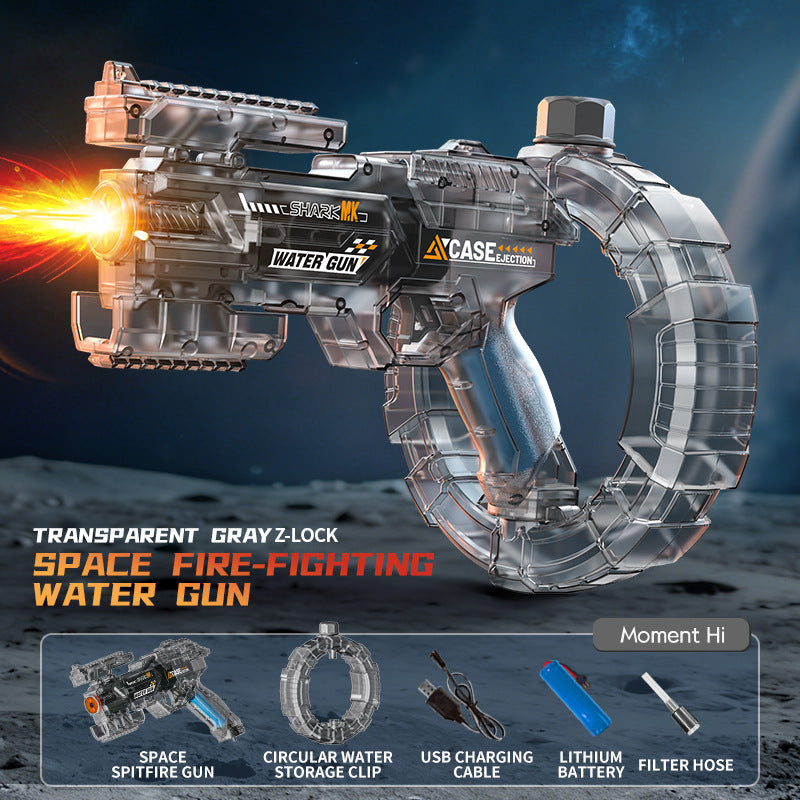 Space-themed water gun with transparent gray-z-lock design on a space-themed background