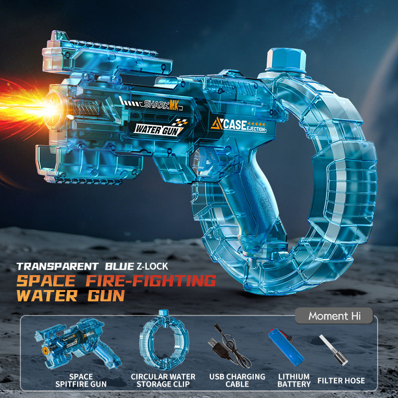 Transparent blue space-themed water gun with charging cable and battery on a dark space background